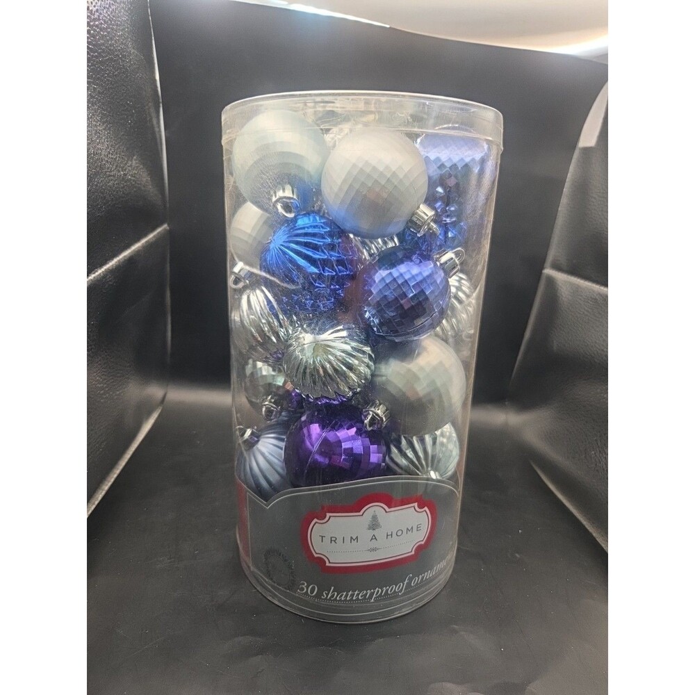 Trim A Home 30 Count Shatterproof Ornaments Blue Purple Silver